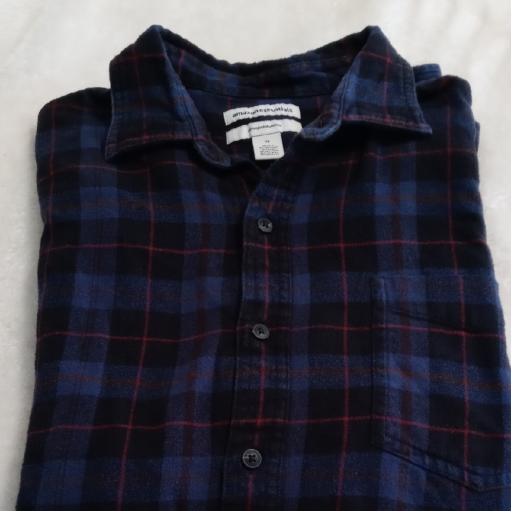 Amazon Essentials Navy and Burgundy Plaid Shirt